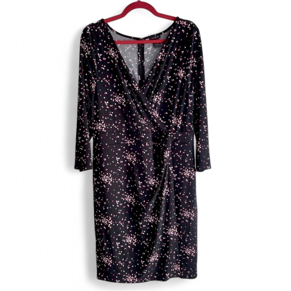 NWT Ann Taylor Black Dot Print Wrap Knit Midi Dress Size 12